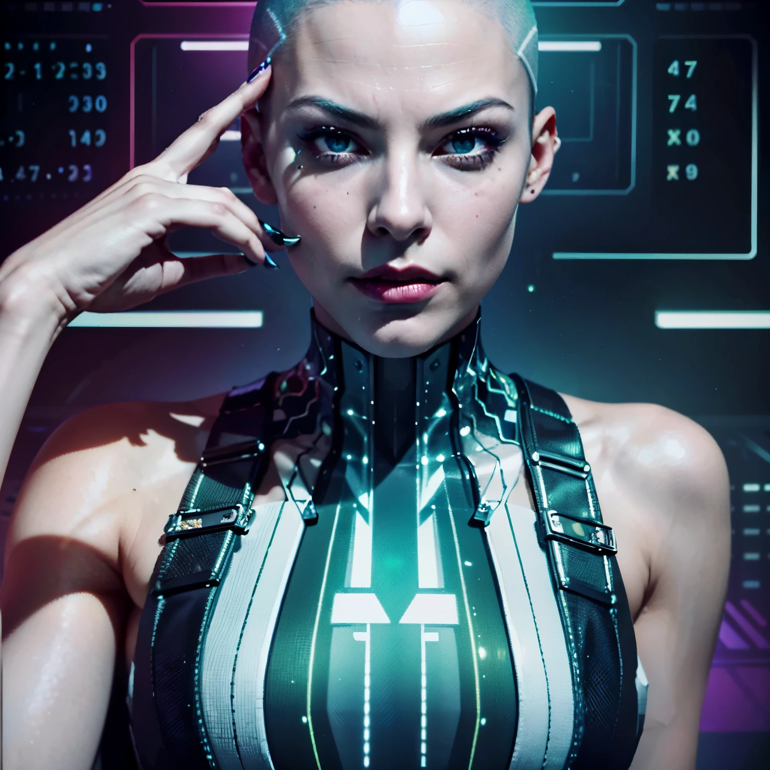 hacker with a shaved head and vibrant green streaks dyed into her remaining hair. Her fingers fly across a holographic keyboard, cracking the secure mainframe of a virtual world. A defiant smirk dances on her lips, her expression a mix of mischief and exhilaration.