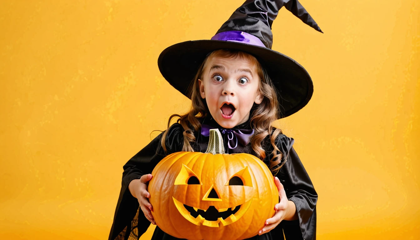 surprised kid wearing witch halloween costume with pumpkin on yellow background