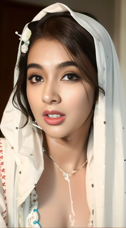 Masterpiece, highest quality, hyper-realistic portrait of an Indian girl with Indian Beauty wear dupatta on head (8k, best quality), Indian girl {{cum(sperm) on face}}, girl cum_in_mouth. Red lipstick. Cuming out from mouth. Girl sucking man monster cock ( dick)