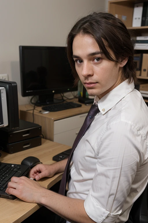 Working in an office, male, aged 36, at a computer desk