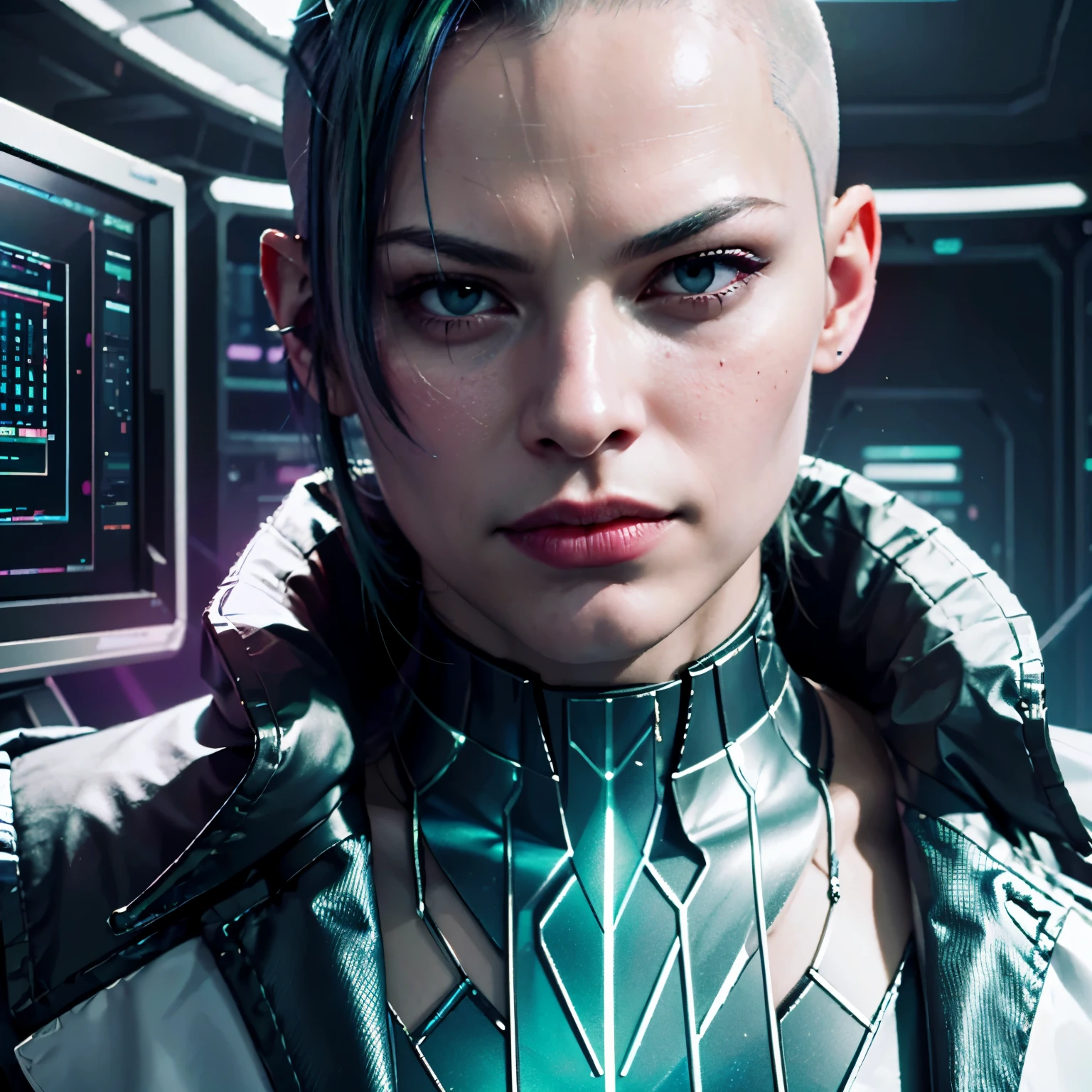 hacker with a shaved head and vibrant green streaks dyed into her remaining hair. Her fingers fly across a holographic keyboard, cracking the secure mainframe of a virtual world. A defiant smirk dances on her lips, her expression a mix of mischief and exhilaration.