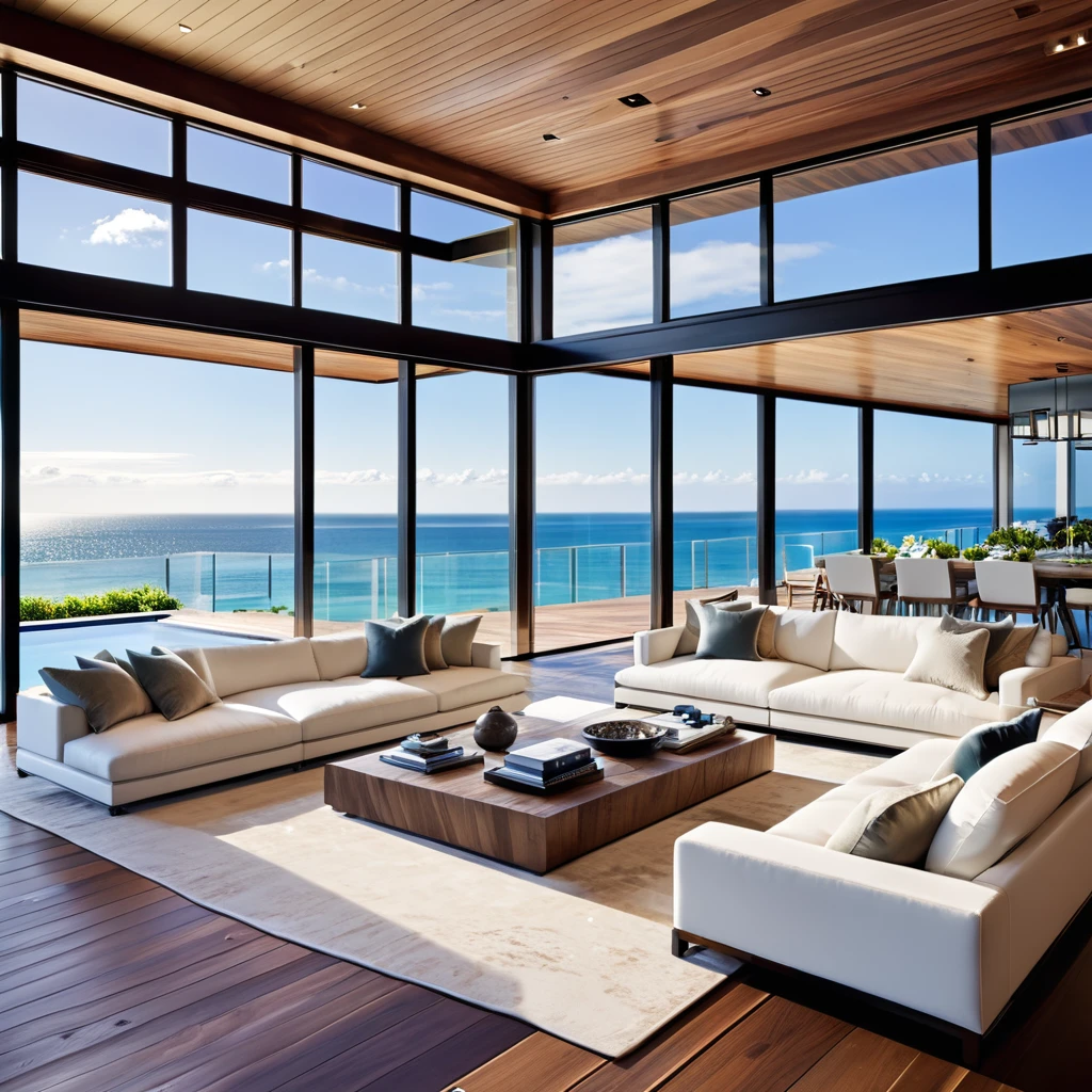 Generate an elegant oceanfront living room with large glass windows offering panoramic ocean views. The space should feature a plush sectional sofa, a sleek indoor pool, and sophisticated wooden flooring. Incorporate modern, high-end furniture with warm, ambient lighting to create a cozy and luxurious atmosphere. Add natural decor elements like potted plants and wooden accents to blend the indoor space with the outdoor scenery. The design should exude elegance, comfort, and a seamless connection with the ocean view.
