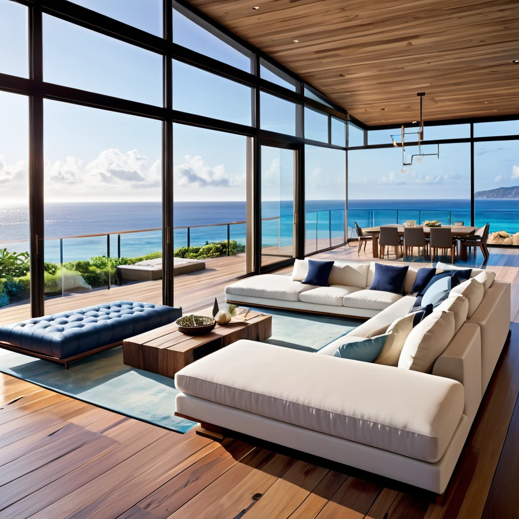 Generate an elegant oceanfront living room with large glass windows offering panoramic ocean views. The space should feature a plush sectional sofa, a sleek indoor pool, and sophisticated wooden flooring. Incorporate modern, high-end furniture with warm, ambient lighting to create a cozy and luxurious atmosphere. Add natural decor elements like potted plants and wooden accents to blend the indoor space with the outdoor scenery. The design should exude elegance, comfort, and a seamless connection with the ocean view.
