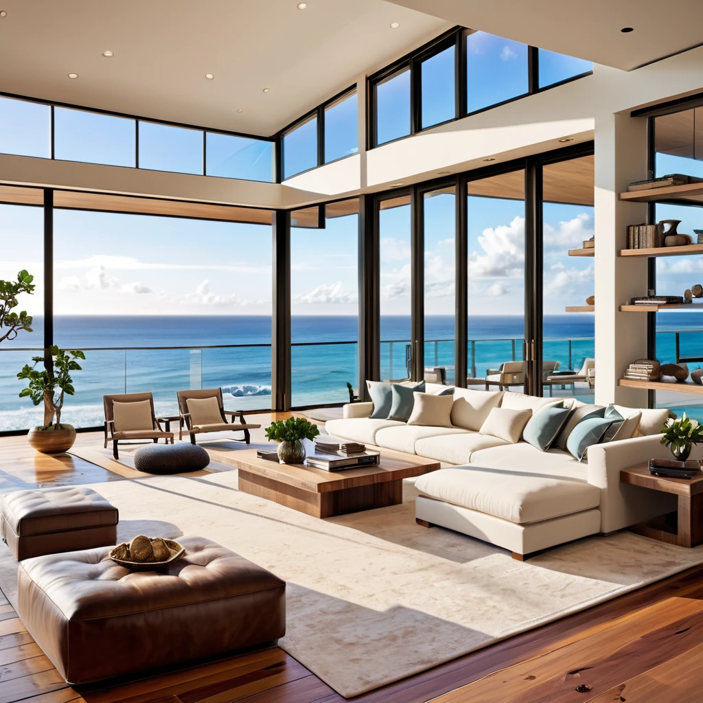 Generate an elegant oceanfront living room with large glass windows offering panoramic ocean views. The space should feature a plush sectional sofa, a sleek indoor pool, and sophisticated wooden flooring. Incorporate modern, high-end furniture with warm, ambient lighting to create a cozy and luxurious atmosphere. Add natural decor elements like potted plants and wooden accents to blend the indoor space with the outdoor scenery. The design should exude elegance, comfort, and a seamless connection with the ocean view.
