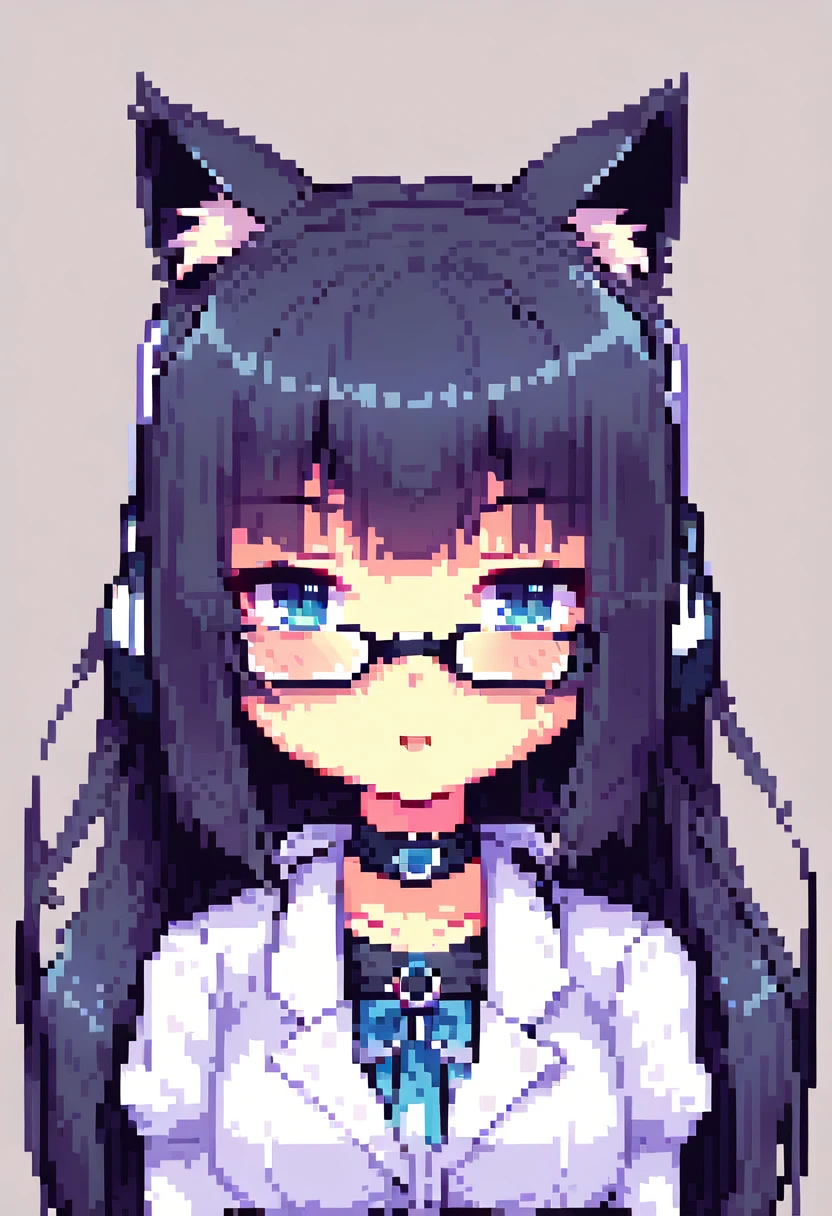 A cute anime girl with cat ears, wearing headphones and glasses, in a 2D pixel art style