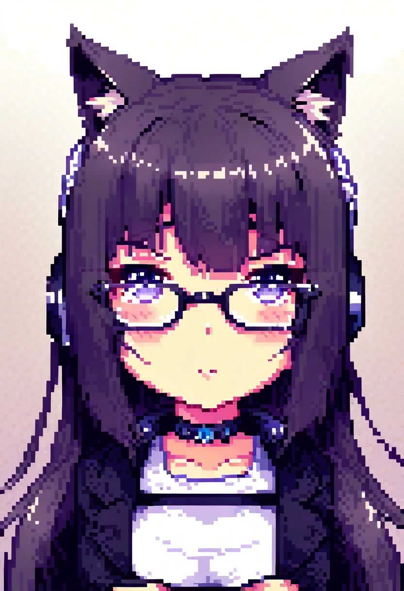 A cute anime girl with cat ears, wearing headphones and glasses, in a 2D pixel art style