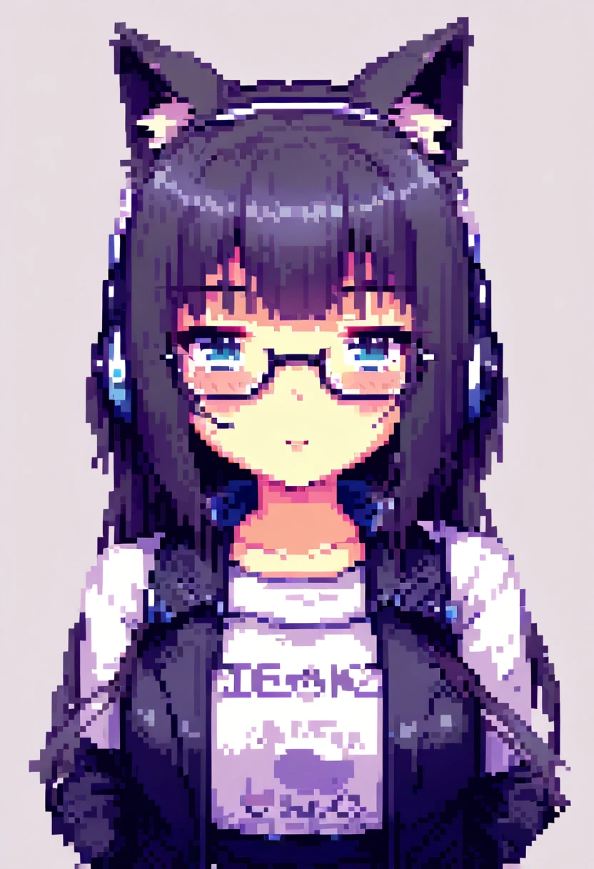 A cute anime girl with cat ears, wearing headphones and glasses, in a 2D pixel art style