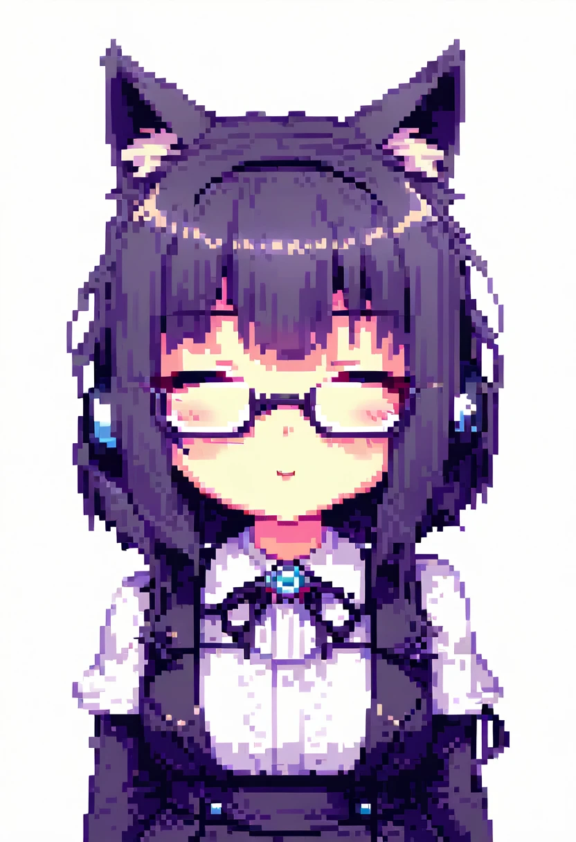 A cute anime girl with cat ears, wearing headphones and glasses, in a 2D pixel art style