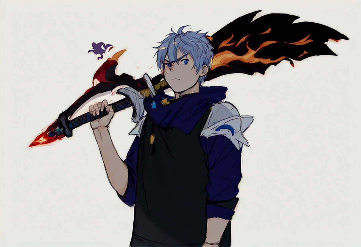 anime character with a sword and flame in his hand, 2d anime style, 2 d anime, by Shitao, shigenori soejima illustration, zerochan art, by Kamisaka Sekka, with leviathan ax, made with anime painter studio, Hero 2d Fanart Artsation, zerochan, anime character art, por Kamagurka