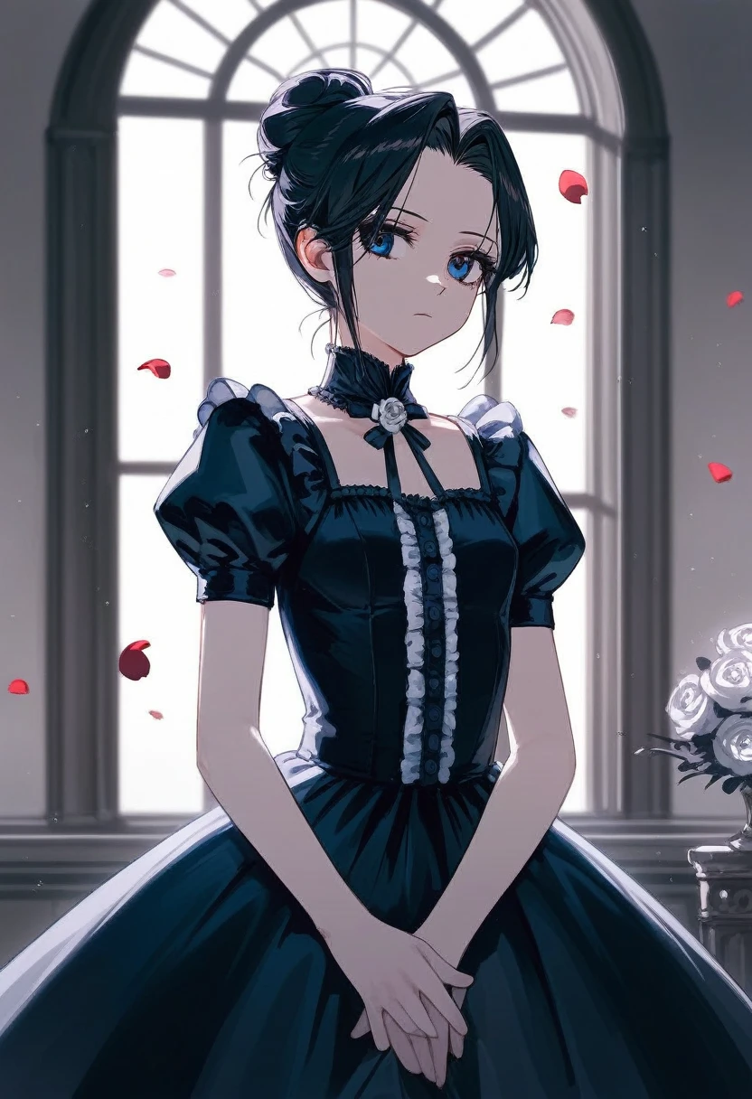 masterpiece, T-ponyai 3 style, superiorper body, score_9, score_8_superior, score_7_superior, Portraiture, One girl, alone, Black Hair, Tied Hair, Hair Bun, Parted bangs, Dark blue eyes, Expressionless, Pale skin, Small breasts, superiorper body, Victorian Fashion, Black Dress, Frill dress, Short sleeve, Hand stroking my forehead, Delicate hands, Perfect hands, White rose petals, Church window background, Highest quality