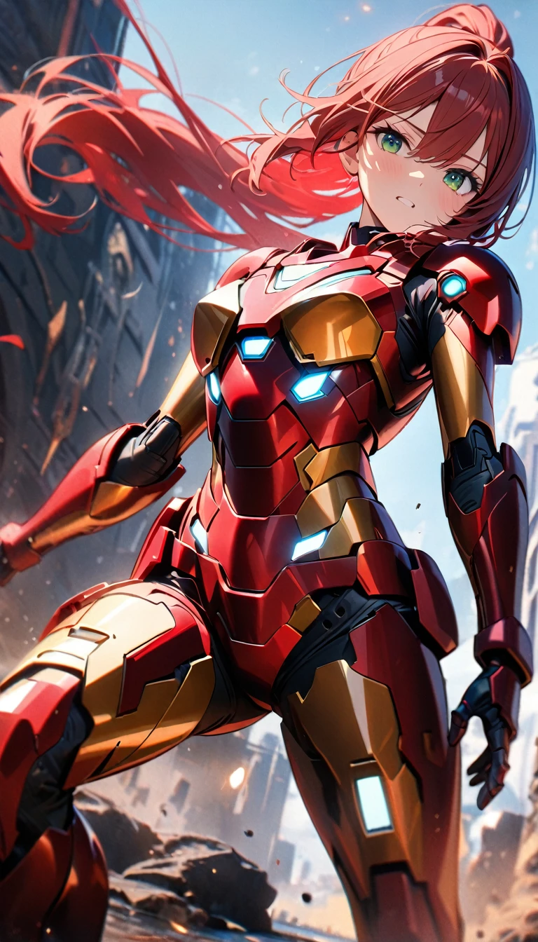 Young girl, long red hair, high ponytail, green eyes, Iron Man armor, Masterpiece, best quality, Full HD, 8k, ultra details, great graphic