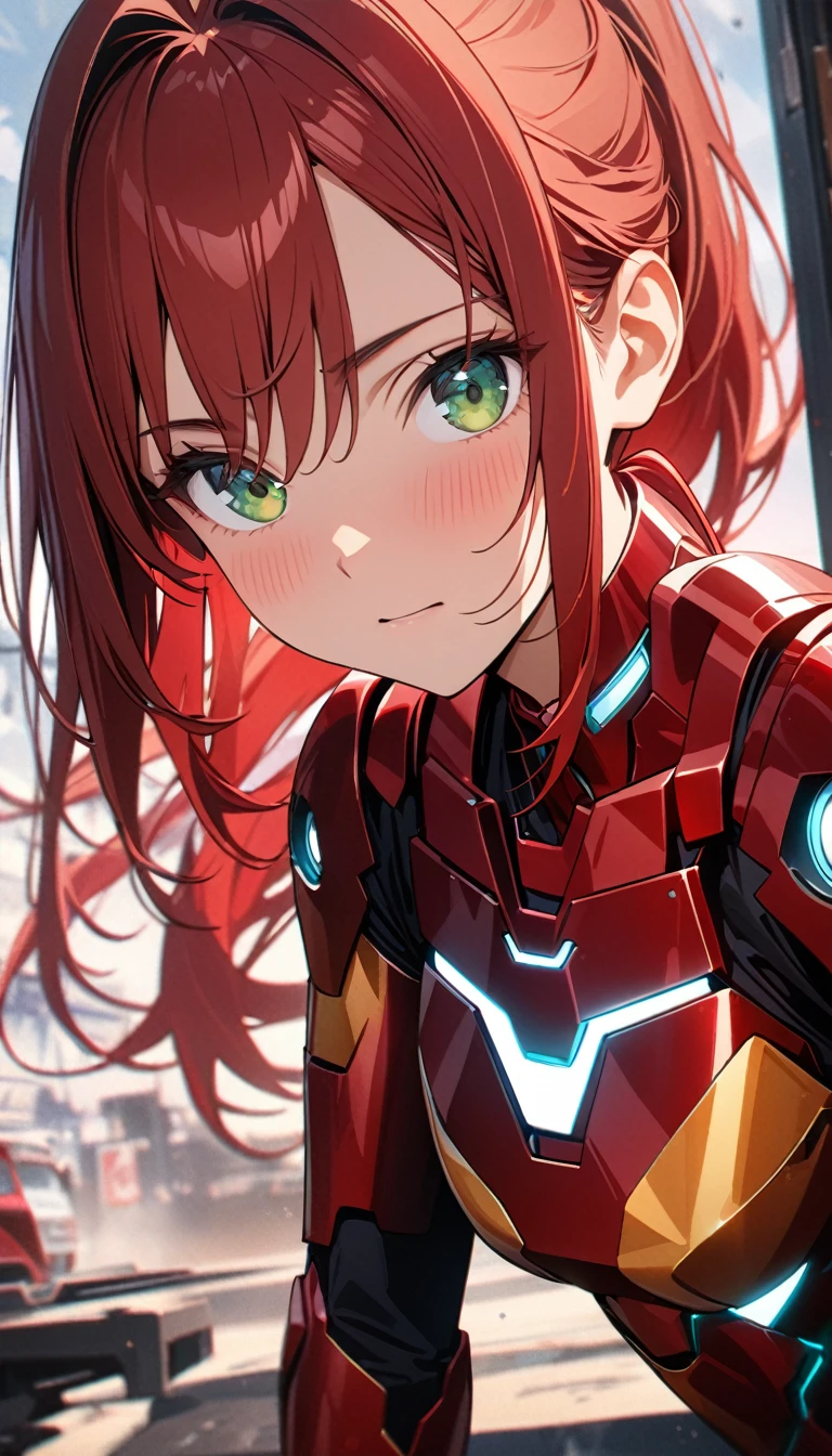 Young girl, long red hair, high ponytail, green eyes, Iron Man armor, Masterpiece, best quality, Full HD, 8k, ultra details, great graphic