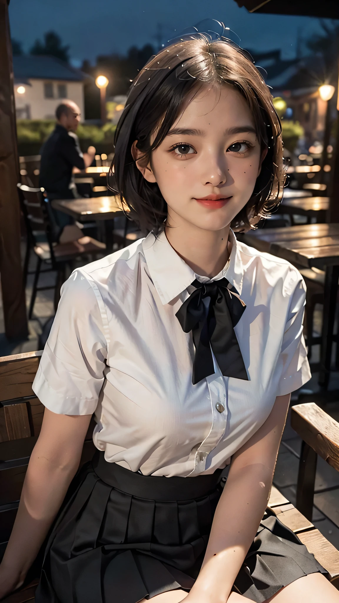 (8k, best quality, masterpiece:1.2), (sfw:1.3), (realistic, photo-realistic:1.37), ultra-detailed, 1 girl,cute, solo,beautiful detailed sky,detailed cafe,night,sitting,dating,(nose blush),(smile:1.1),(closed mouth) medium breasts,beautiful detailed eyes,(collared shirt:1.1), bowtie,pleated skirt,(short hair:1.2),floating hair