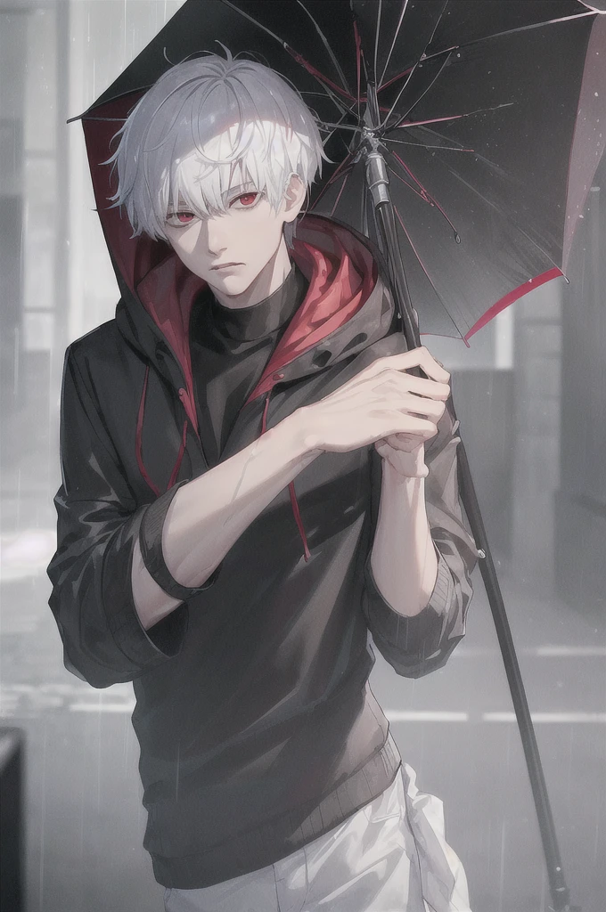 kk, best quality, more details, masterpiece, 1boy, kaneki ken, portrait, male focus, red eyes, solo, bangs, looking at viewer, hood, short hair, rain, tokyo tokyo \(city\), hood up, nail polish, white hair, luxurious, 8k, detailed, ray tracing, depth of field, cinematic lighting,
