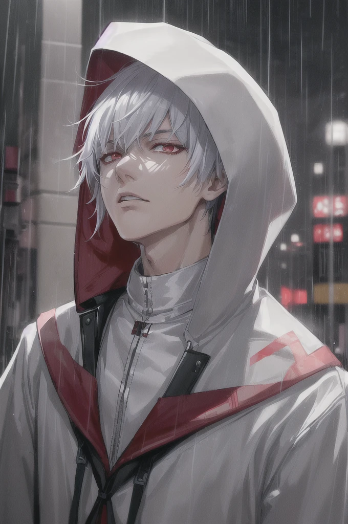 kk, best quality, more details, masterpiece, 1boy, kaneki ken, portrait, male focus, red eyes, solo, bangs, looking at viewer, hood, short hair, rain, tokyo tokyo \(city\),  hood up, nail polish, white hair, luxurious, 8k, detailed, ray tracing, depth of field, cinematic lighting,