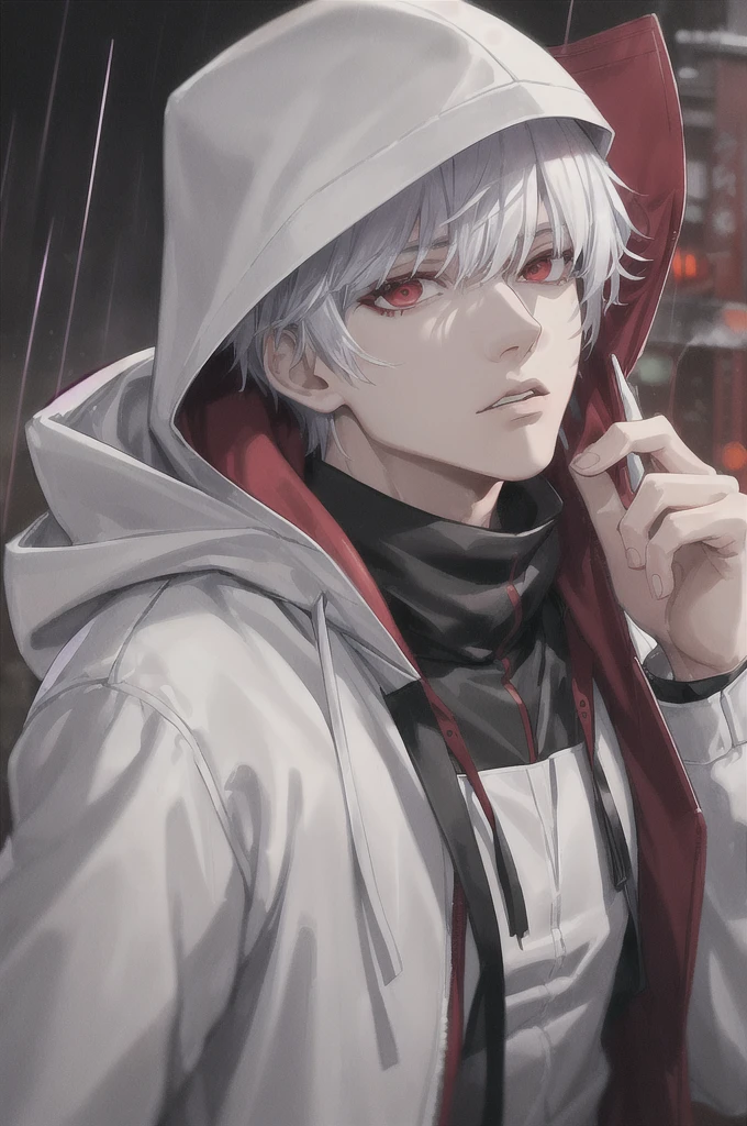 kk, best quality, more details, masterpiece, 1boy, kaneki ken, portrait, male focus, red eyes, solo, bangs, looking at viewer, hood, short hair, rain, tokyo tokyo \(city\), hood up, nail polish, white hair, luxurious, 8k, detailed, ray tracing, depth of field, cinematic lighting,