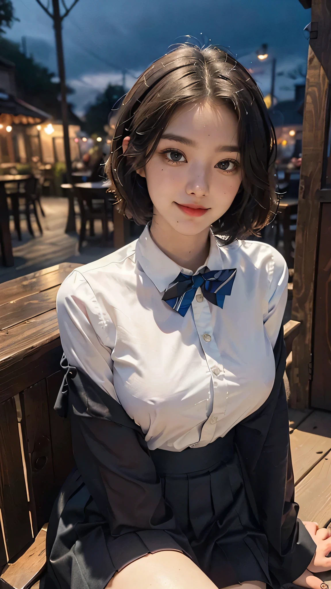 (8k, best quality, masterpiece:1.2), (sfw:1.3), (realistic, photo-realistic:1.37), ultra-detailed, 1 girl,cute, solo,beautiful detailed sky,detailed cafe,night,sitting,dating,(nose blush),(smile:1.1),(closed mouth) medium breasts,beautiful detailed eyes,(collared shirt:1.1), bowtie,pleated skirt,(short hair:1.2),floating hair