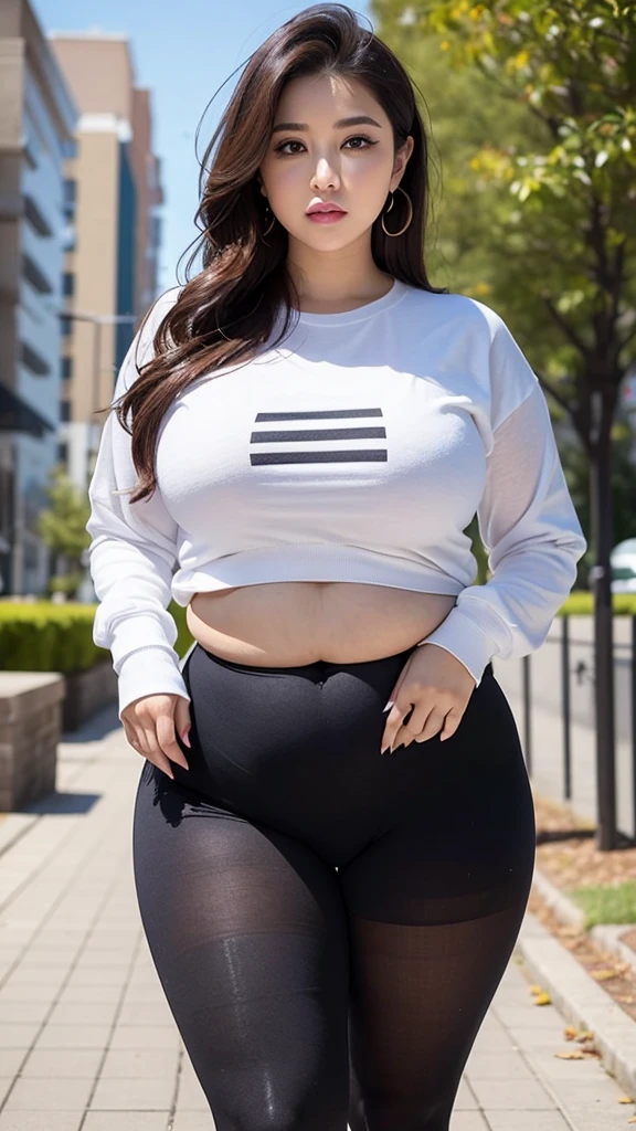 Ms. Alafie walking in the park, wearing dark green Barbie pants and white crew neck sweatshirt, plump figure, wearing tight simple clothes, she has a round fat belly, wearing tights, tights, tights, wide hips, beautiful plump woman, smooth clothes, curvy, plump figure, her wardrobe is attractive, thin waist and thick hips, (park background) (clothes have no wrinkles), ((pants are slightly transparent))