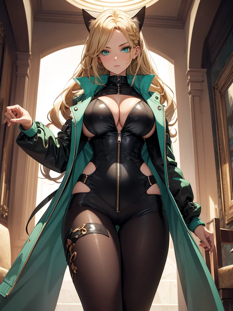 a tall female of curvaceous and well-endowed frame. She has olive skin, aqua green eyes, thick eyelashes, and short golden blonde hair; which she usually keeps messy with three braided locks. She wears a jacket with a high collar, which covers the lower part of her face downward, while baring a good portion of the lower half of her large breasts. The jacket has a zipper running along its entire length, which is opened from the bottom upwards. It has a beige air filter on either side just below the trim. The jacket's sleeves completely envelop her arms, terminating in black glove-like extensions at her extremities, resembling the appearance of a cat's paw. 