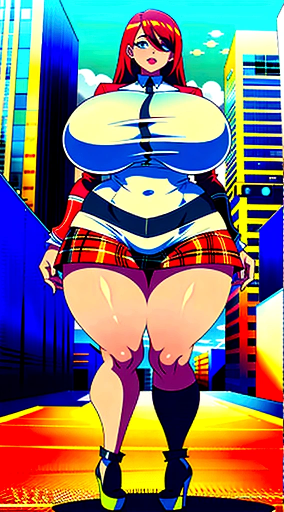 cartoon illustration of a woman in a plaid skirt and high heels, thicc, large thighs, hyperrealistic , massive legs towering over you, thick thighs, oppai proportions, oppai cyberpunk, oppai, realistic , thick legs, highly detailed giantess shot, at a city street