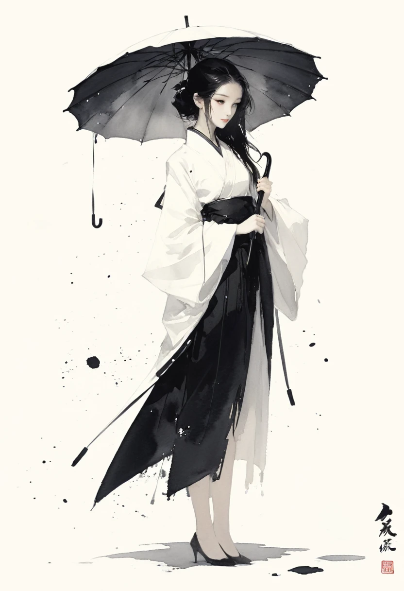 艺术Ink Painting，立体Ink Painting，Minimalism，Minimalism的图形，Minimal Art，Chinese anime girl，whole body，Chinese，，Ink Painting，Umbrella，Black long hair，Black and white background，古韵White space，White space，大面积White space，Textured Matte，Low saturation，Minimalism构图，Main Composition