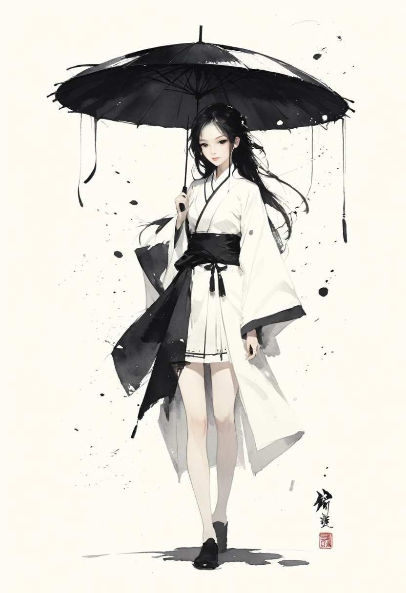 艺术Ink Painting，立体Ink Painting，Minimalism，Minimalism的图形，Minimal Art，Chinese anime girl，whole body，Chinese，，Ink Painting，Umbrella，Black long hair，Black and white background，古韵White space，White space，大面积White space，Textured Matte，Low saturation，Minimalism构图，Main Composition