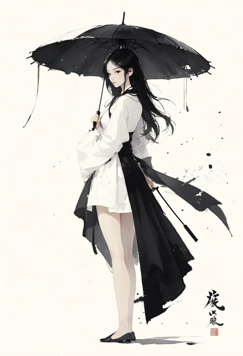 艺术Ink Painting，立体Ink Painting，Minimalism，Minimalism的图形，Minimal Art，Chinese anime girl，whole body，Chinese，，Ink Painting，Umbrella，Black long hair，Black and white background，古韵White space，White space，大面积White space，Textured Matte，Low saturation，Minimalism构图，Main Composition