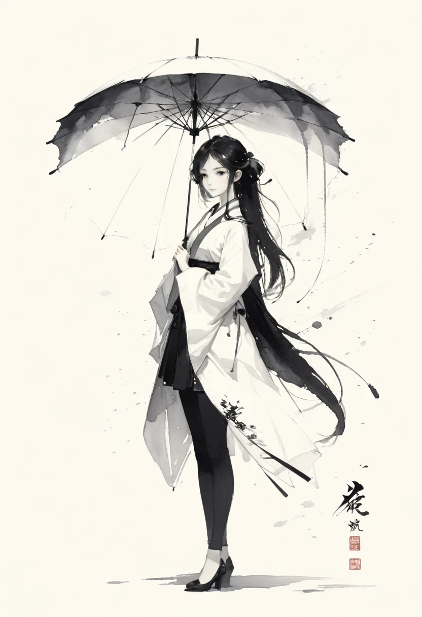 艺术Ink Painting，立体Ink Painting，Minimalism，Minimalism的图形，Minimal Art，Chinese anime girl，whole body，Chinese，，Ink Painting，Umbrella，Black long hair，Black and white background，古韵White space，White space，大面积White space，Textured Matte，Low saturation，Minimalism构图，Main Composition