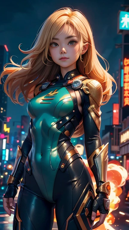 (8k),(masterpiece),(Japanese),(8-year-old girl),((innocent look)),((Beautiful)),From the front and above,smile,cute,Innocent,Kind eyes,flat chest, Slender,Hairless vagina,Orange and green Aquaman costume,semi-long,Hair blowing in the wind,Blonde Hair,strong wind,night,big cinematic explosion on a dark midnight neon light cyberpunk city