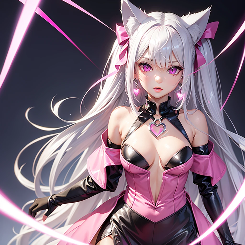 Silver hair, pink eyes, body, cat ears, sexy girl, earrings, heart background fantasy, hot pink dress uniform, hair bows