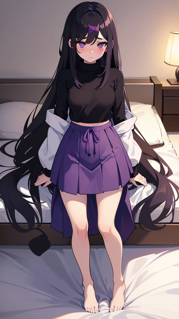 age girl ((slim))((small stature)) ((White skin)) ((purple eyes)) ((black hair, long, emo on one eye)) ((Shy and blushing)) ((small breasts)) ((small hips)) ((lying in bed with long, loose sweatshirt)) ((long skirt))