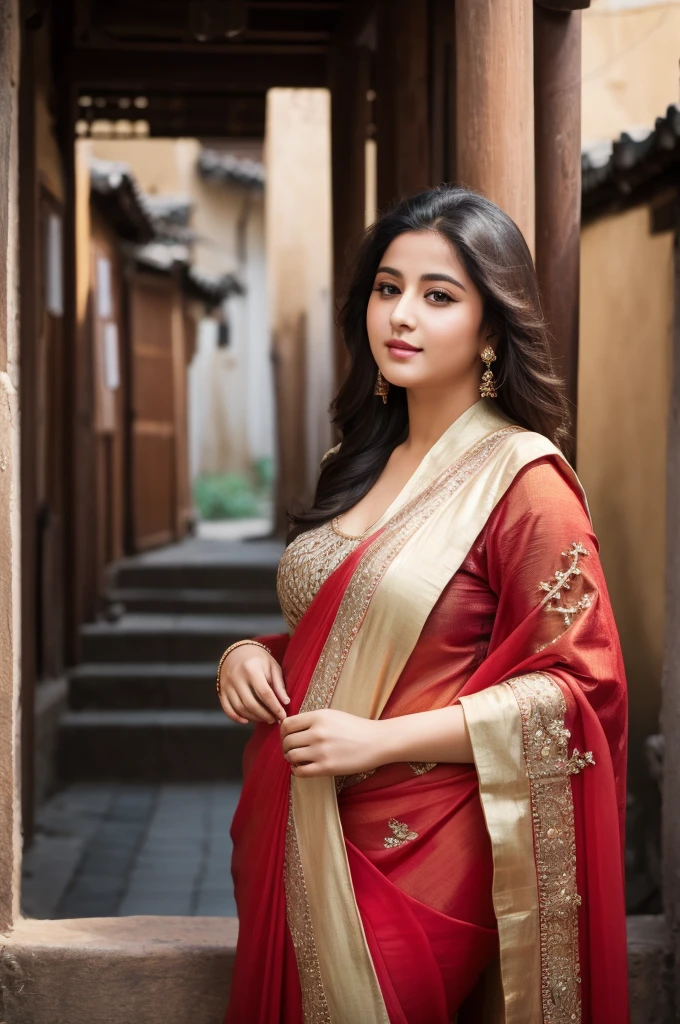(highly detailed), (illustration), (intricate), (beautiful face), (attractive body), (complete body picture), Indian girl, (transparent red saree), (visible natural breasts), (full breasts), dynamic pose, (huge breasts), (curvy breasts), colorful, eye-catching, heavenly.