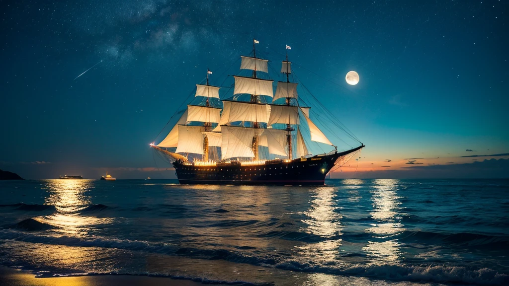 Ocean, big full moon, night, peace, healing, 8K, starry sky, movie, tranquility, mystical, big moon, starry sky, big moon, big sailing ship, lights, big ocean, epic movie scene.