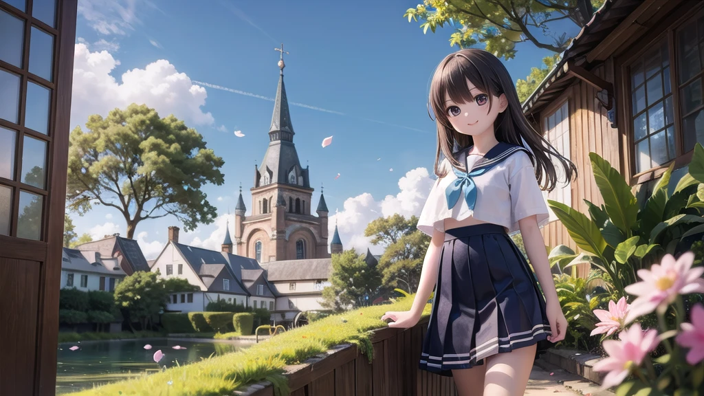 (masterpiece), town, blue sky, One Girl, smile, alone, Sailor suit、Long skirt, Overgrown, petal, plant、Skirt lining、Translucent slip、Nostalgic