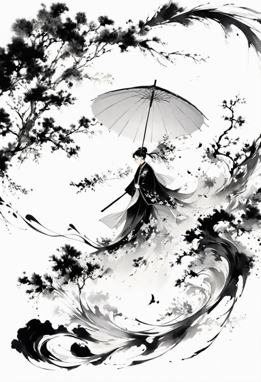 (Lots of white space:1.5),(Lots of white space around:1.6), White background, simple, Minimalism, abstract,Freehand,Aesthetic,black and white,Ink Painting,antiquity,Umbrella,Falling Flowers