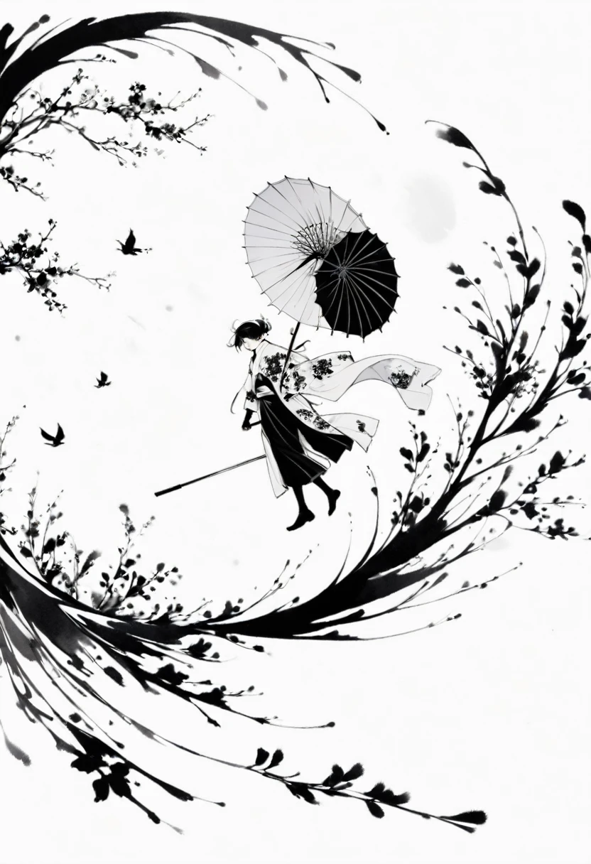 (Lots of white space:1.5),(Lots of white space around:1.6), White background, simple, Minimalism, abstract,Freehand,Aesthetic,black and white,Ink Painting,antiquity,Umbrella,Falling Flowers