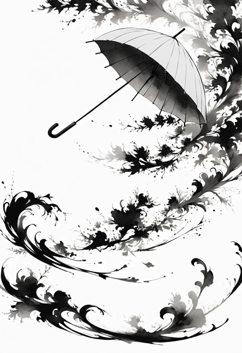 (Lots of white space:1.5)，(Lots of white space around:1.6), White background, simple, Minimalism, abstract,Freehand，Aesthetic，black and white，Ink Painting，antiquity，Umbrella，Falling Flowers