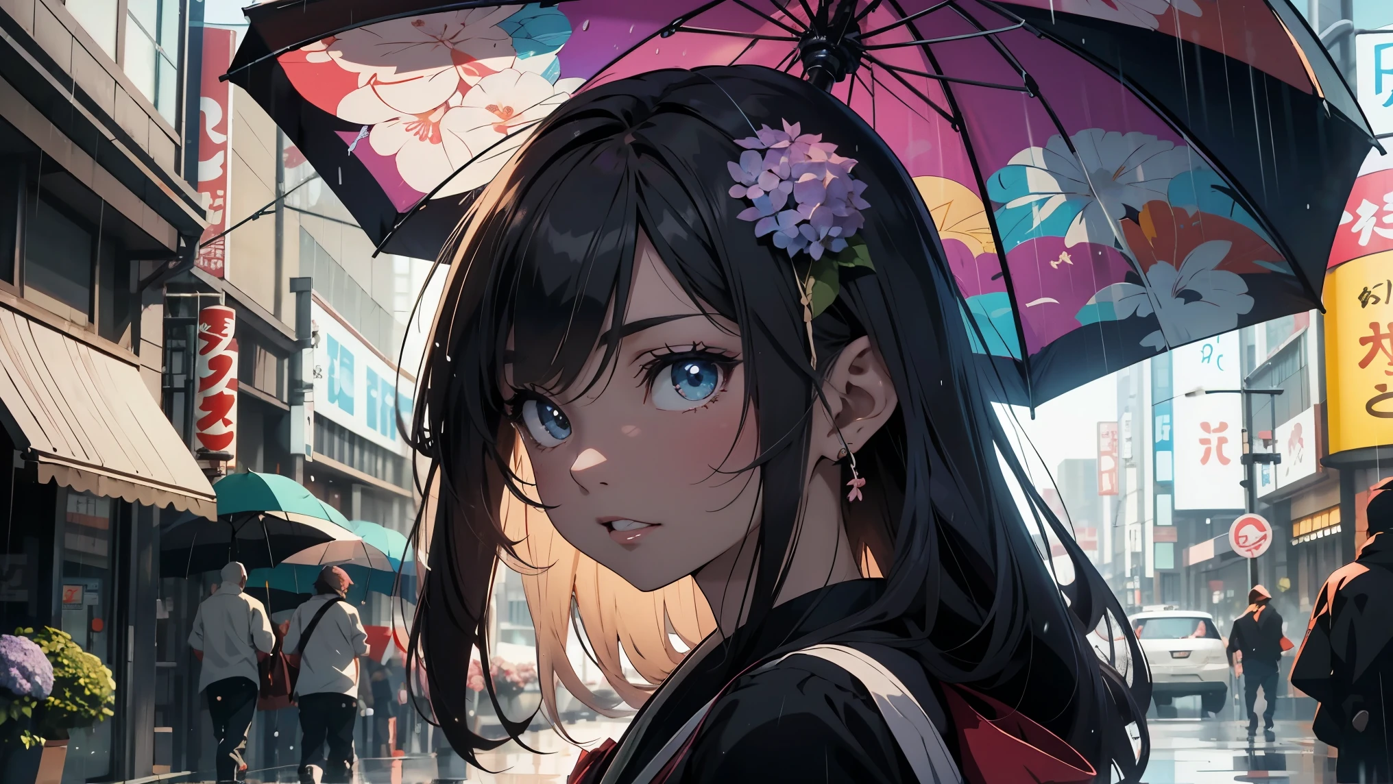 Anime Style,Men walk slowly through Tokyo, listening to the sound of rain. Colorful hydrangeas are blooming. They look like they're having a little fun.Umbrella, Ultra Detailed, High Detail, High Quality, Award Winning, Best Quality, High Resolution, 1080p, High Definition, 4K, 8k, 16K