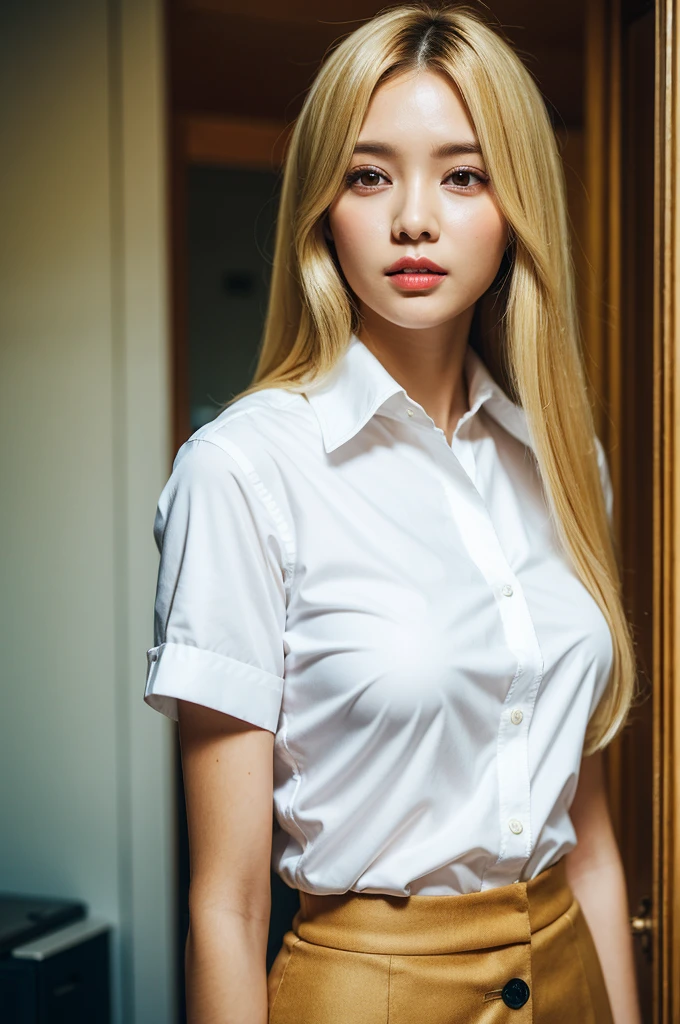 Best quality, Ultra-high resolution, (Photorealistic:1.4), 1girll, button- shirt, Skirt, Office, Brown hair, Breasts, (Blonde hair:1.2), view the viewer,