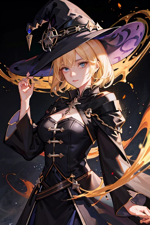 She has short blonde hair, witch-like clothing, a black aura around her, and a large wand in her left hand.。And he has a really good face