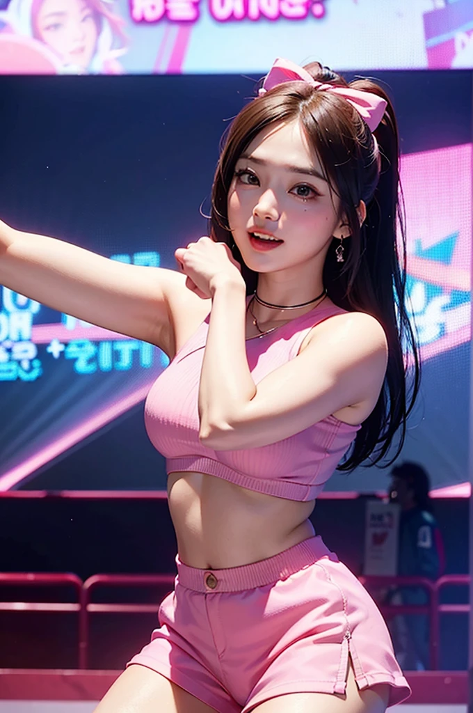 1girl, super beautiful girl, dream girl, wearing pink, ulzzang, dancing, in the background a concert in an amusement park, lightning in the sky, ultra details, ultra realistic, cinematic , octane render, 16k