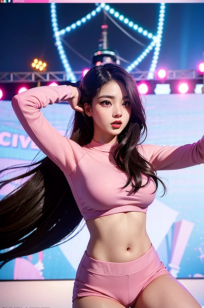1girl, super beautiful girl, dream girl, wearing pink, ulzzang, dancing, in the background a concert in an amusement park, lightning in the sky, ultra details, ultra realistic, cinematic , octane render, 16k