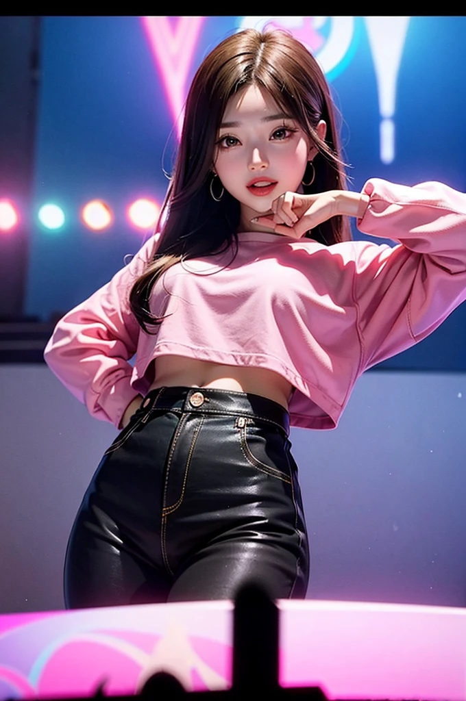 1girl, super beautiful girl, dream girl, wearing pink, ulzzang, dancing, in the background a concert in an amusement park, lightning in the sky, ultra details, ultra realistic, cinematic , octane render, 16k