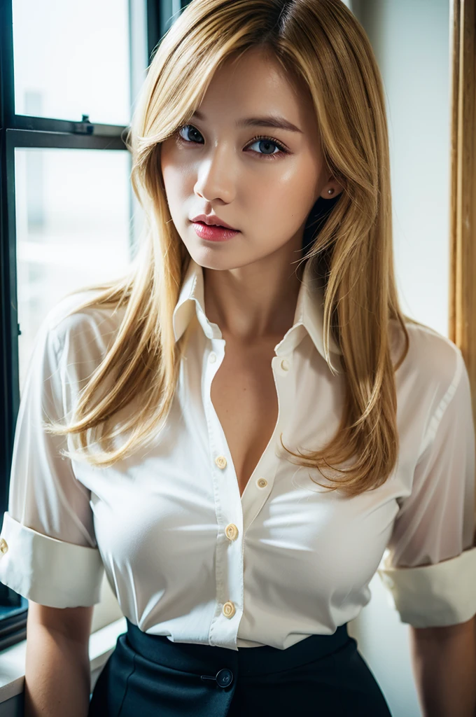 Best quality, Ultra-high resolution, (Photorealistic:1.4), 1girll, button- shirt, Skirt, Office, Brown hair, Breasts, (Blonde hair:1.2), view the viewer,