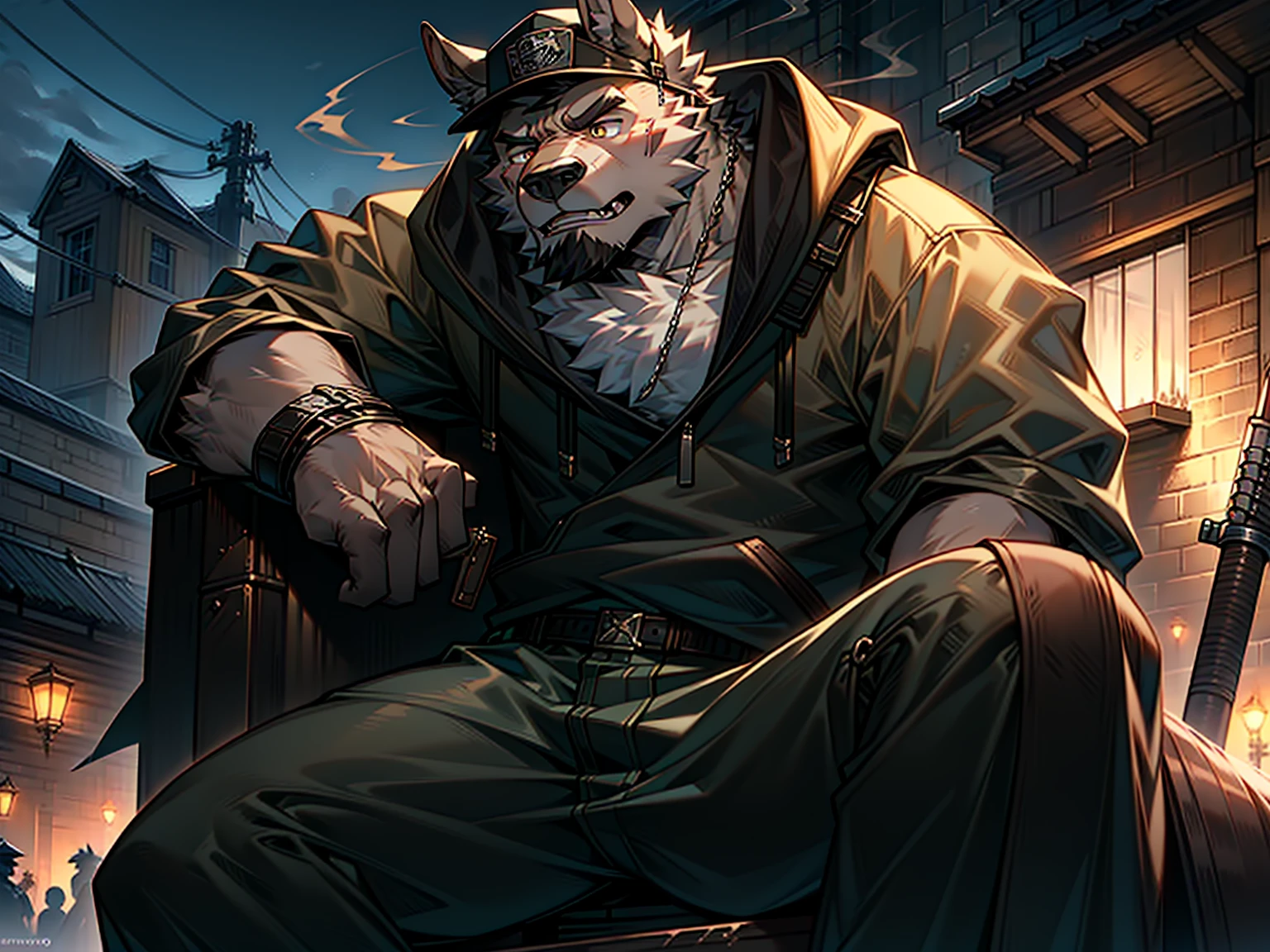 Elusive Drug Lord, Chapo Guzman, Clad in Hoodie and Marlboro Hat, Wielding an Assault Rifle, Sitting atop a Saddle-Mounted Horse, Anime-inspired Render, Realistic Detailing, Expressive Eyes, Rough Textures, Shadowy Composition, Subdued Color Palette, (Outdoor Setting: 1.0), Smoke Curling from Weapon Barrel, (Dark Background: 0.9), Dramatic Lighting, (Chronically Wanted Criminal: 1.4), (Gritty and Intense: 1.1), (Determined)