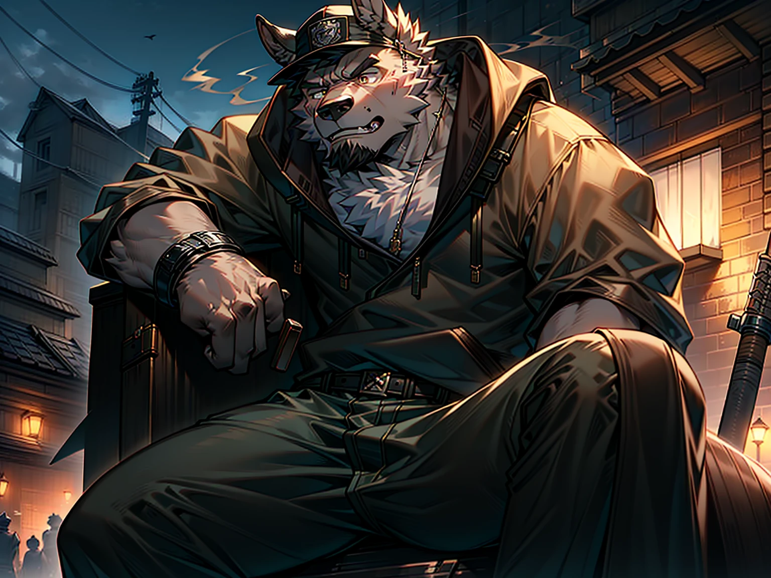 Elusive Drug Lord, Chapo Guzman, Clad in Hoodie and Marlboro Hat, Wielding an Assault Rifle, Sitting atop a Saddle-Mounted Horse, Anime-inspired Render, Realistic Detailing, Expressive Eyes, Rough Textures, Shadowy Composition, Subdued Color Palette, (Outdoor Setting: 1.0), Smoke Curling from Weapon Barrel, (Dark Background: 0.9), Dramatic Lighting, (Chronically Wanted Criminal: 1.4), (Gritty and Intense: 1.1), (Determined)