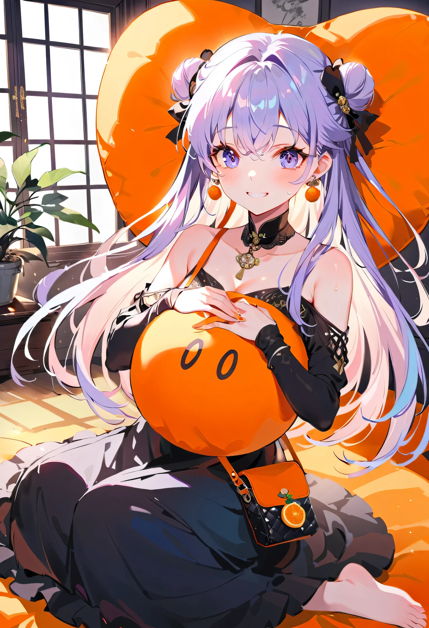 Purple hair girl painting、Glass mandarin orange earrings decorate both ears、Eye color: Ocean pink purple、Space Eyes、Inside the room、(((Giant orange shaped cushion)))、((Hugging on a cushion))、Sit down, long hair、Bun Hair、Cool and complicated, Hand holding sliced orange, A very happy expression with plenty of orange juice、((The syringe contains orange juice))、Very embarrassed、The best smile、Open your mouth wide、Grin、Eyes closed、((Purple and black dress))、((Syringe Shoulder Bag)), Fun and lively characters, close( Perfect Anatomy )、Beautiful, translucent white skin、A purple dress slightly damp with sweat、Underwear is visible、quality\(8K,Highly detailed CG unit wallpaper, masterpiece,High resolution,top-quality,top-quality real texture skin,Super two-dimensional,Increase the resolution,RAW Photos,highest quality,Very detailed,wallpaper,Ray-tracing,Golden Ratio\),[Browsing Caution]、White and orange theme、Everything is orange except for the outfit, hairstyle, and eye color.、barefoot、whole body