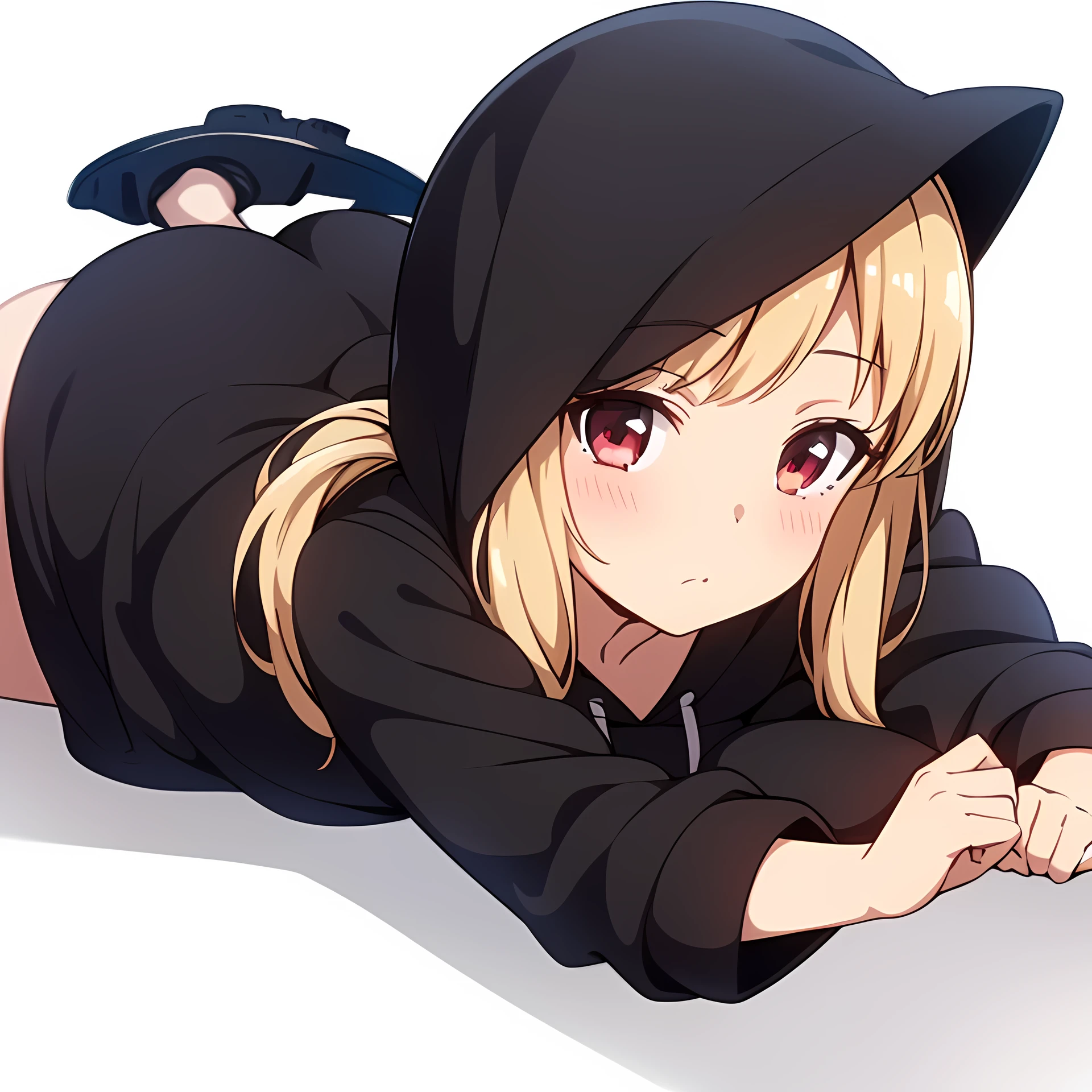 best quality, 4K, 8K, 1 girl, solo, Twin tails, chibi, (simple background, white background:1.4), whole body, full body, Lying down, (hoodie, oversized clothes:1.4)