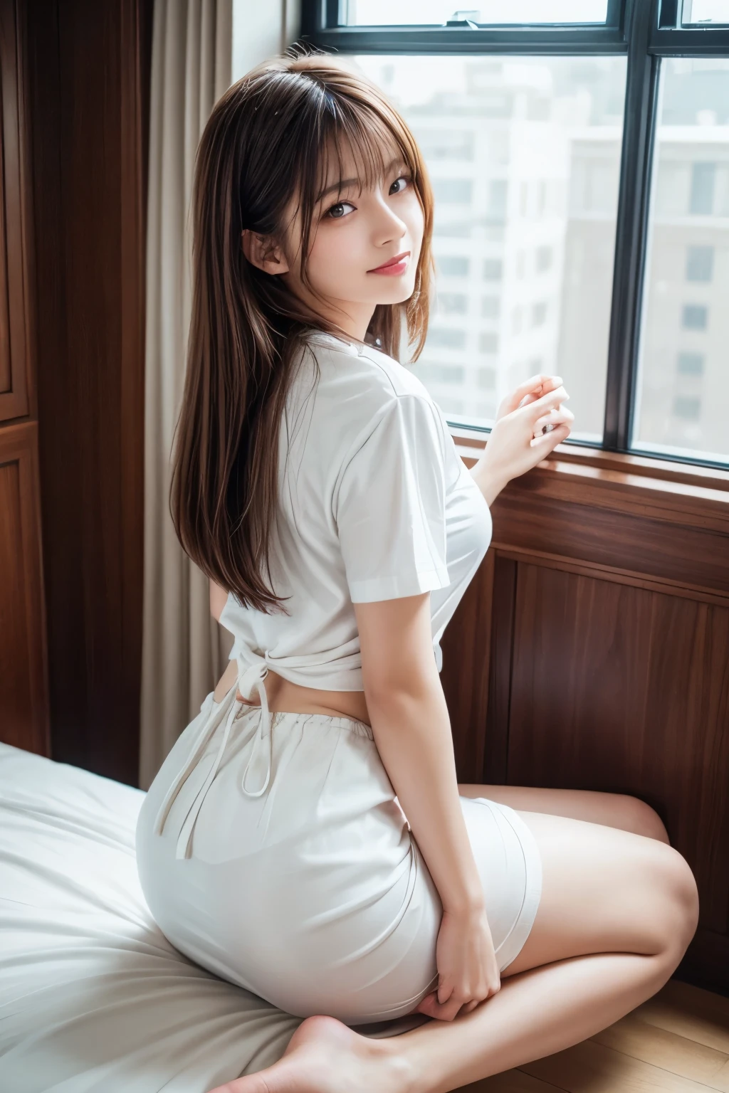 Tied up woman、(((Put your hands behind your back、Cross your wrists)))、(Tie your wrists with a rope)、beauty、Well-formed face、Shiny long black hair、Even out the eyes、Inside the hotel room、Please show me your whole body、White short sleeve shirt、Navy Semi-Long Skirt、Panty lines、Wear pumps、sitting on the floor by the window、Age 25、Medium、Like a real photo、Highest quality, Light brown hair, Straight hair, Shiny Hair, Part your lips, Captivating smile, Surrealism, Hyperrealism, Verism, Cinema Lighting, tachi-e, First Person View, Nikon, 超High resolution, Anatomically correct hand, Highest quality, High resolution, 8K,
