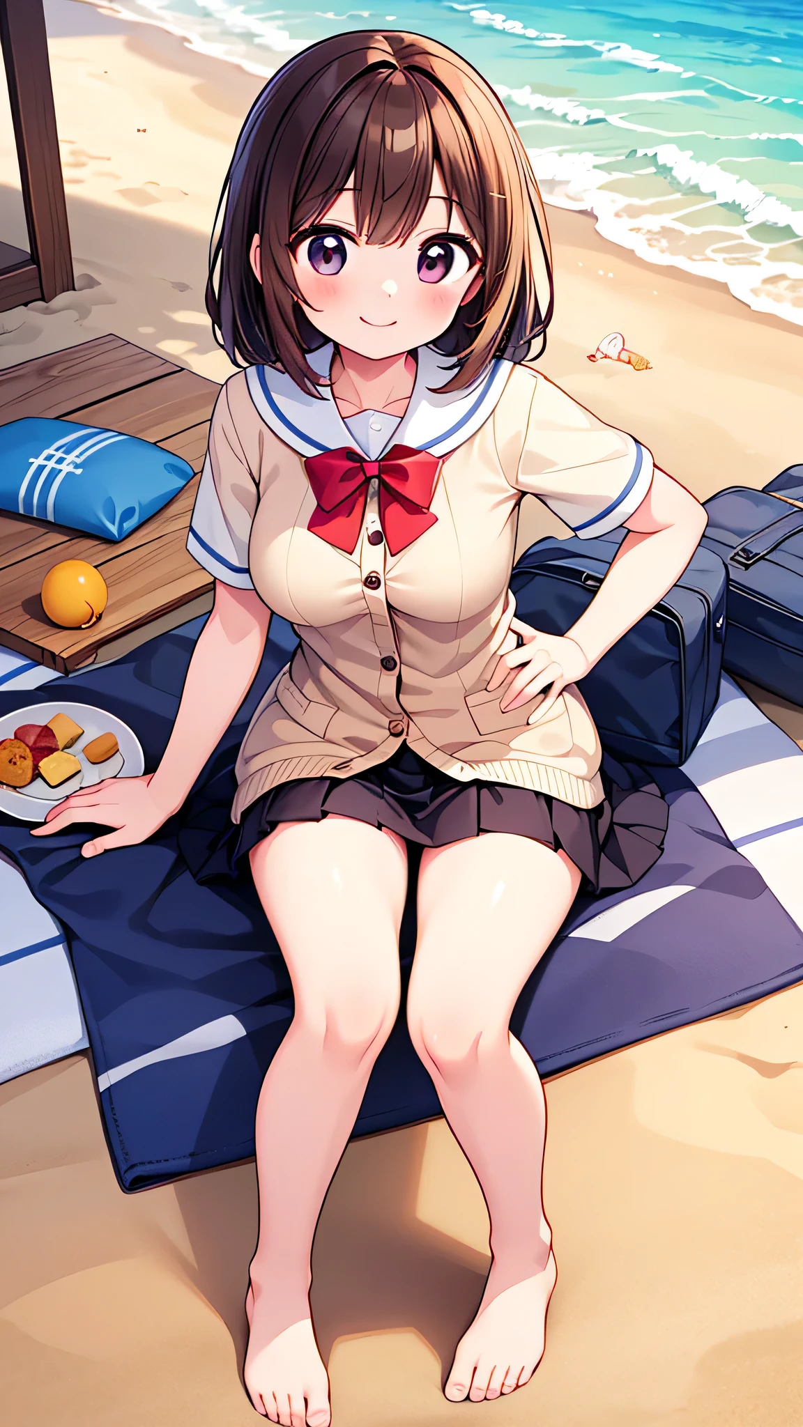 {Highest quality], [Super beautiful], [Ultra fine], [Best illustration], NSFW,Brown Hair, Hime cut,Bangs,girl,,uniform,knit cardigan,Short sleeve,skirt,smile, blush, Slender women,At the Beach,Summer festival,diagonal, barefoot,Strike a Pose